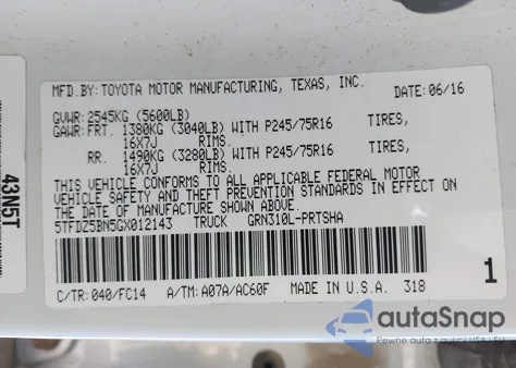 2016 Toyota Tacoma Sr5 V6 from USA, damaged, VIN 5TFDZ5BN5GX012143